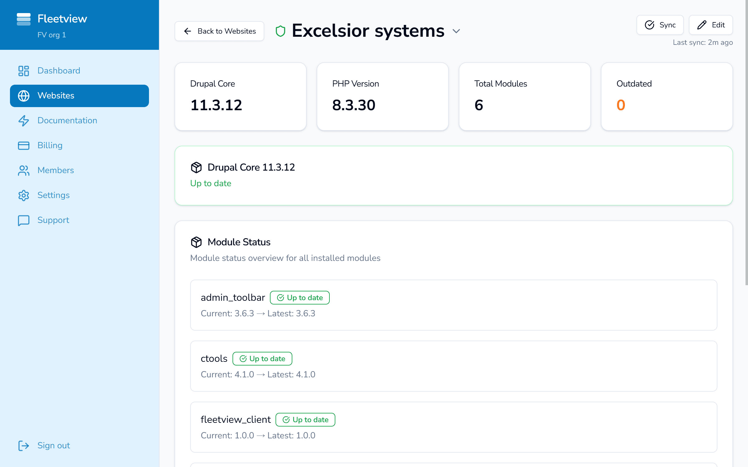 Website detail showing all modules up to date with green checkmarks
