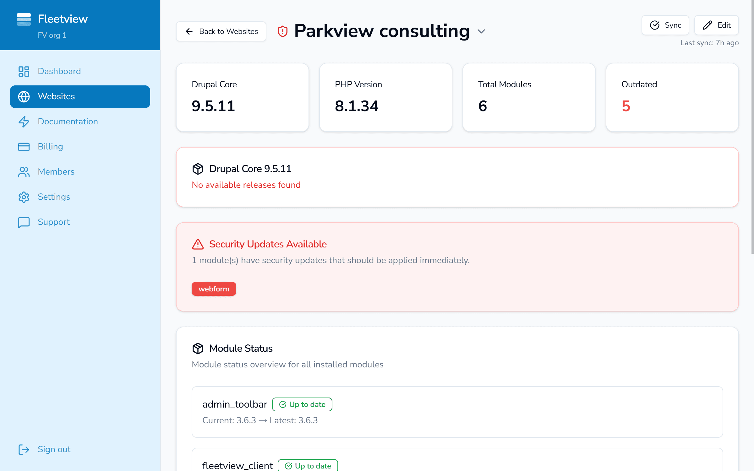 Website detail view with security updates available and outdated module status